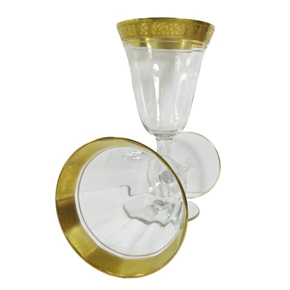 Vintage TWO (2) Tiffin? Minton? Gold Encrusted Band Clear Optic 6.75" Glasses - Picture 1 of 12